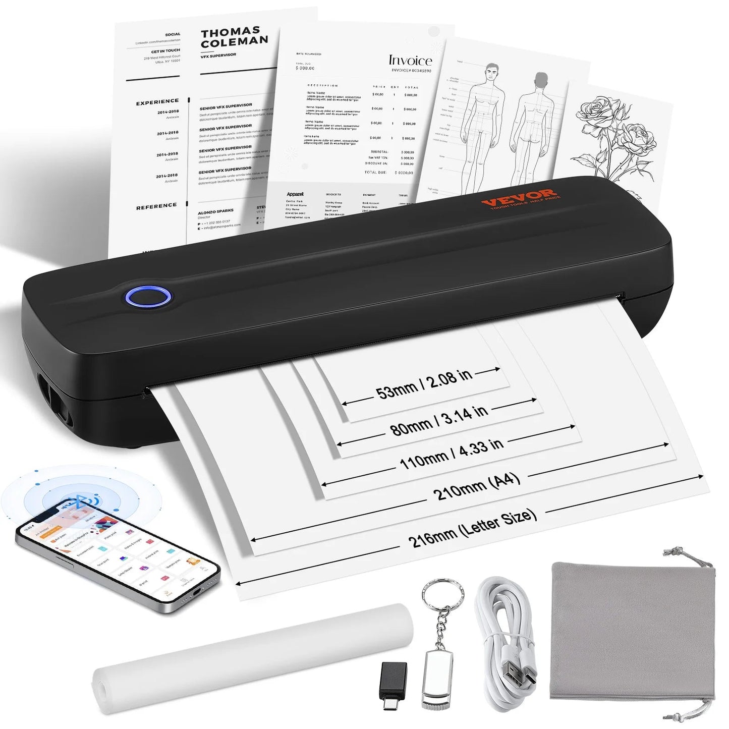 Portable Thermal Printer A4 - Bluetooth Inkless 2600mAh - Inclus dans le bundle