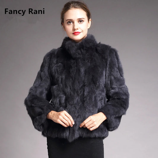 Fancy Rani Natural Rabbit Fur Coat Women Winter Jacket Real Leather And Fur Wome - Side View