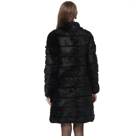 QUEENTINA Real Rabbit Fur Coat New In Outerwears Winter Stand Collar Thick Soft - Side View