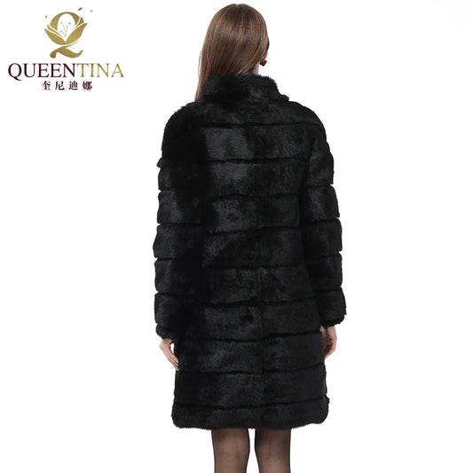 QUEENTINA Real Rabbit Fur Coat New In Outerwears Winter Stand Collar Thick Soft  - Side View