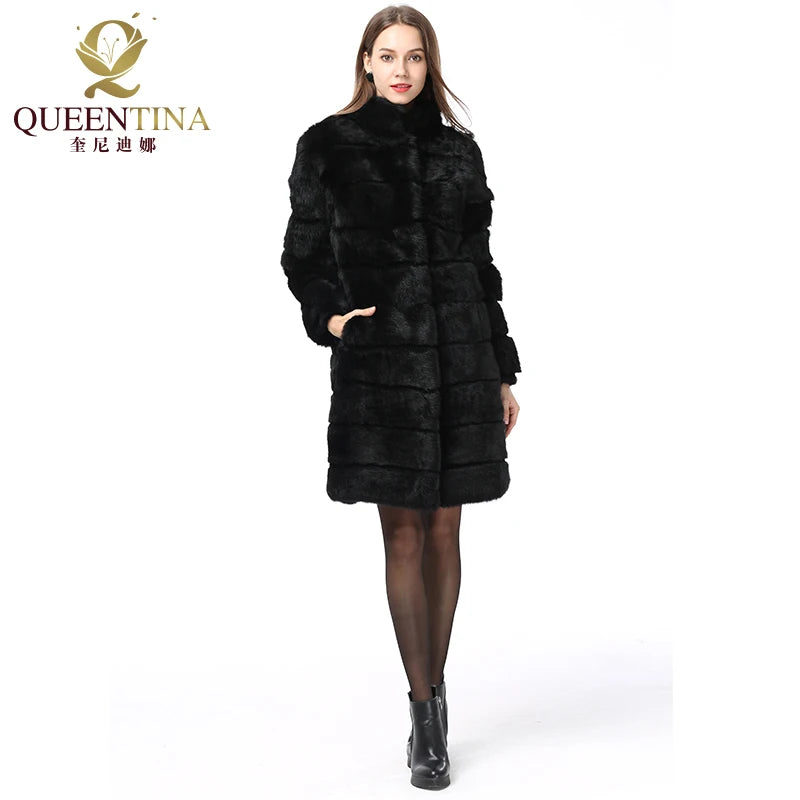 QUEENTINA Real Rabbit Fur Coat New In Outerwears Winter Stand Collar Thick Soft  - View 6