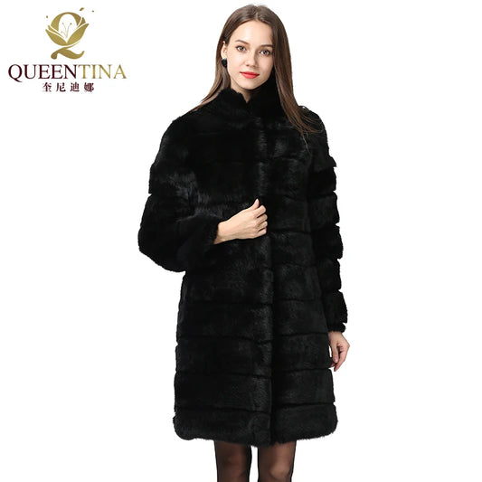 QUEENTINA Real Rabbit Fur Coat New In Outerwears Winter Stand Collar Thick Soft  - Main View