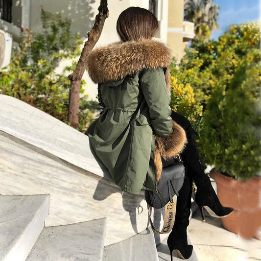 MAOMAOKONG 2024 Winter Women Coat Natural Fox Fur Collar Cuff Black Jackets Outw - Side View