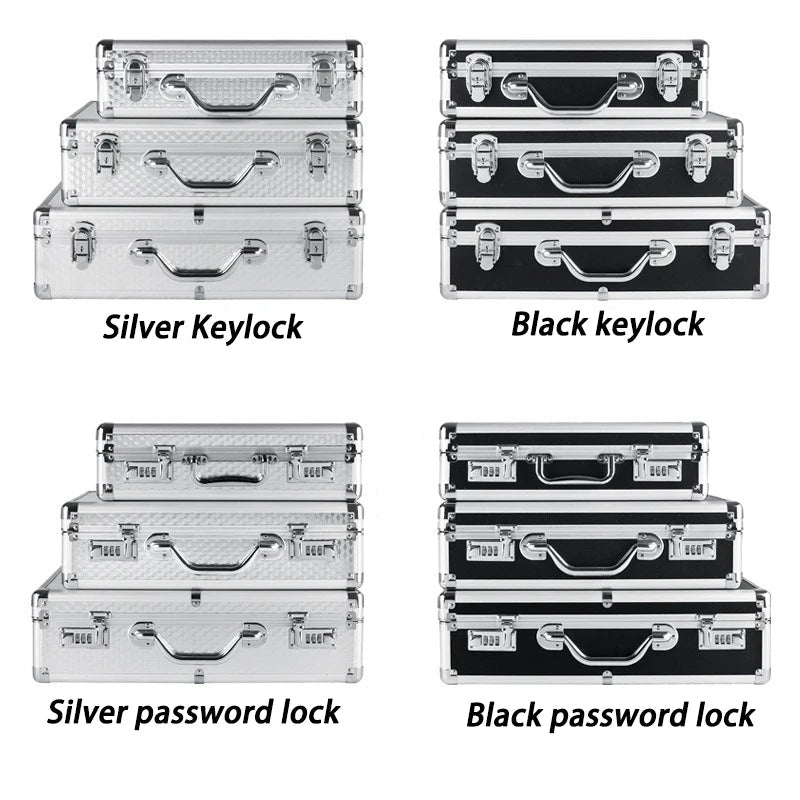 Set of silver and black tool cases with keylock and password lock options on a white background.
