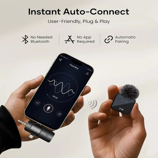 Wireless Lavalier Microphone for Camera,iPhone,Android,Microphone Reverb Sound Video Recording Podcast Noise Reduction Clip mic - Detail View