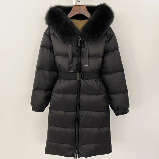Women's Duck Down Coat - 90% White Duck Down Puffer with Real Fox Fur Hood