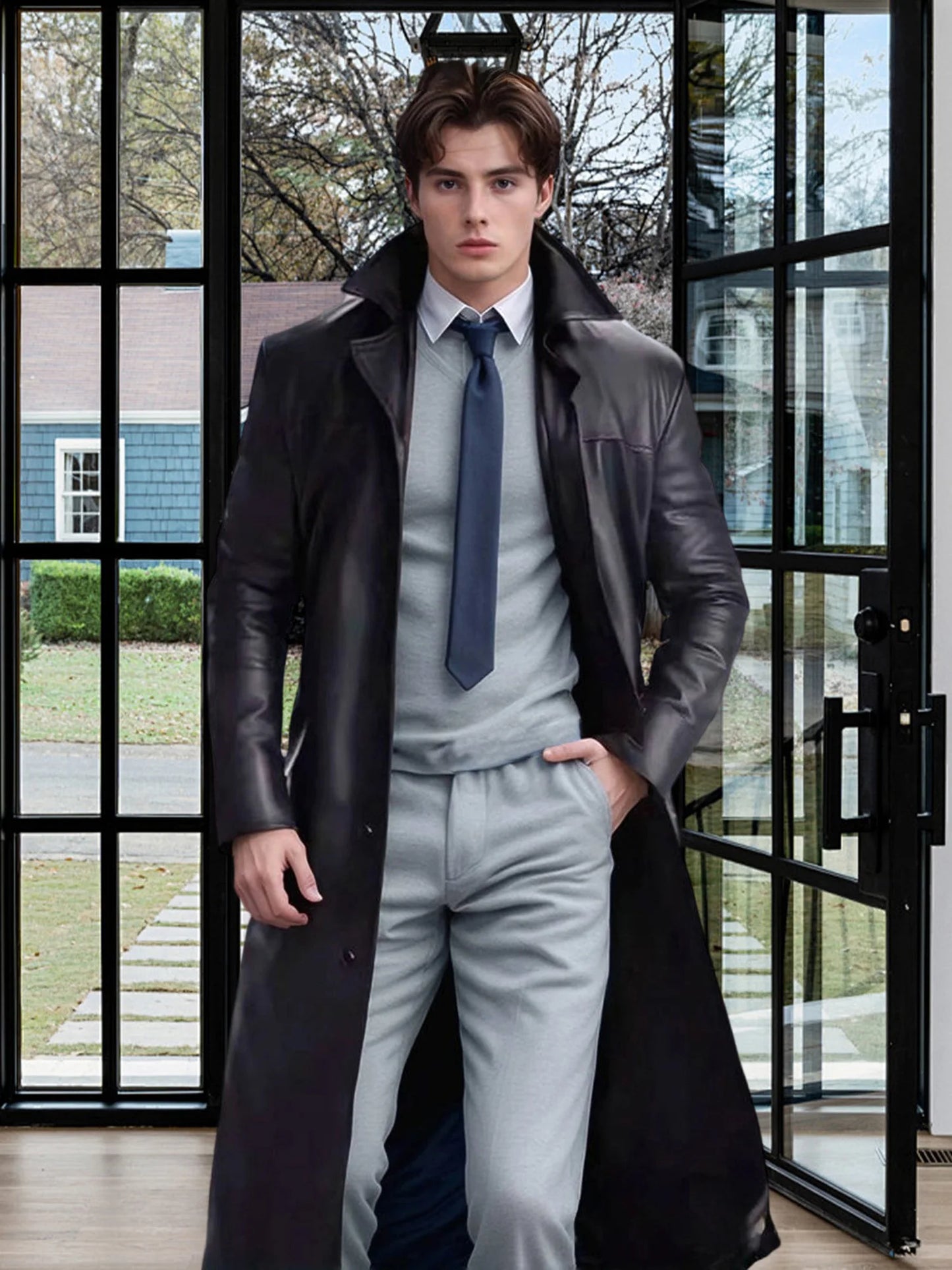 Men s Faux Leather Jacket Classic Lapel Collar Long Sleeve Button