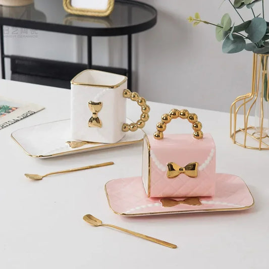 Creative Light Luxury Bag Shaped Ceramic Mug Personalized Coffee Cup Plate Set Home Drinking Cup Girl Gift Home Decoration...