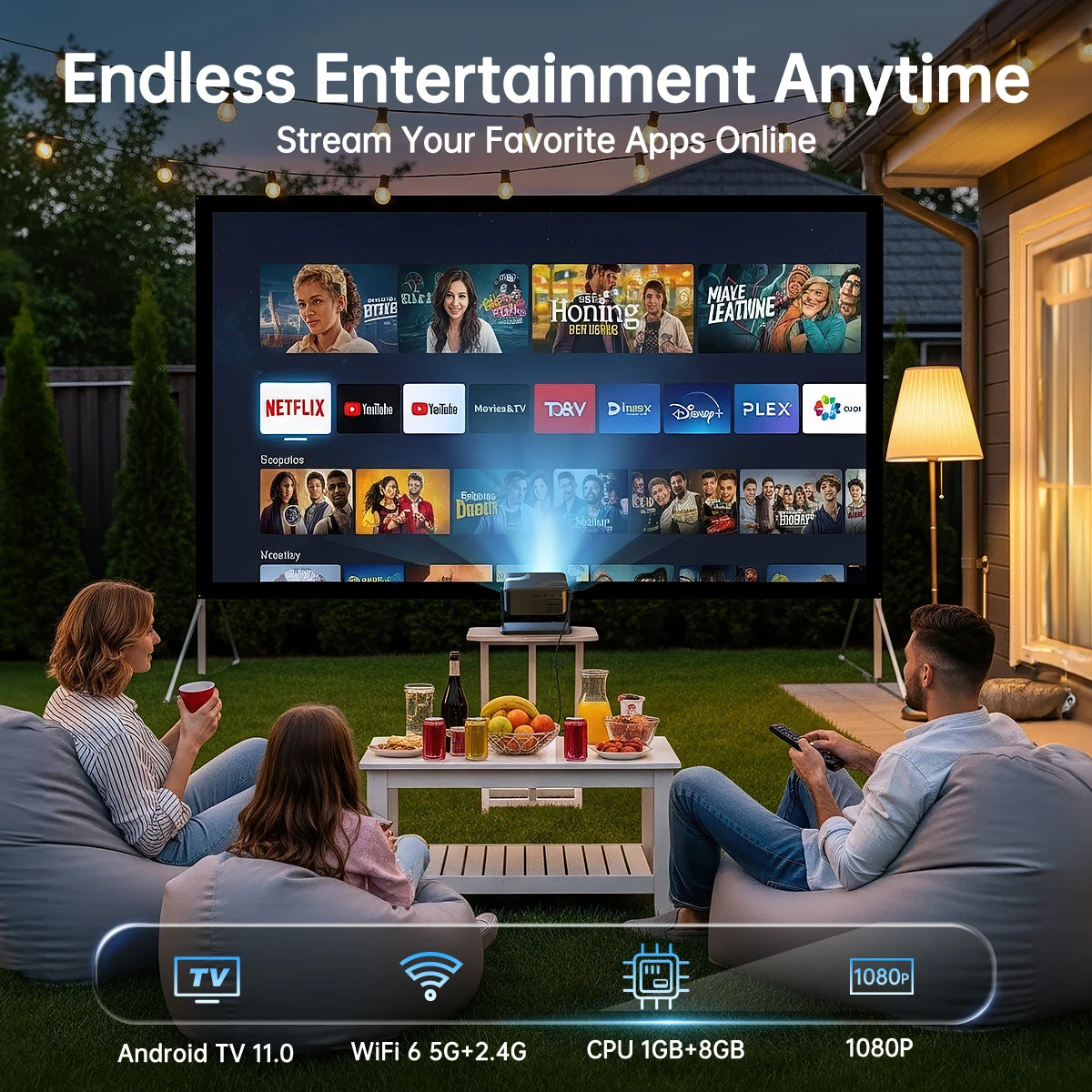 Portable 650ANSI Projector Native 1080P Android 11 Auto Focus & Keystone 4K 360° Rotate Wifi6 BT5.2 Airmouse Home Theater - Detail View