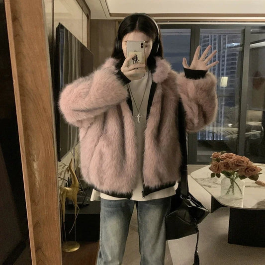 Double Sided Winter Coat Women Clothing Imitation Mink Fur Fur Hooded Cotton Jacket Female Warm Cott