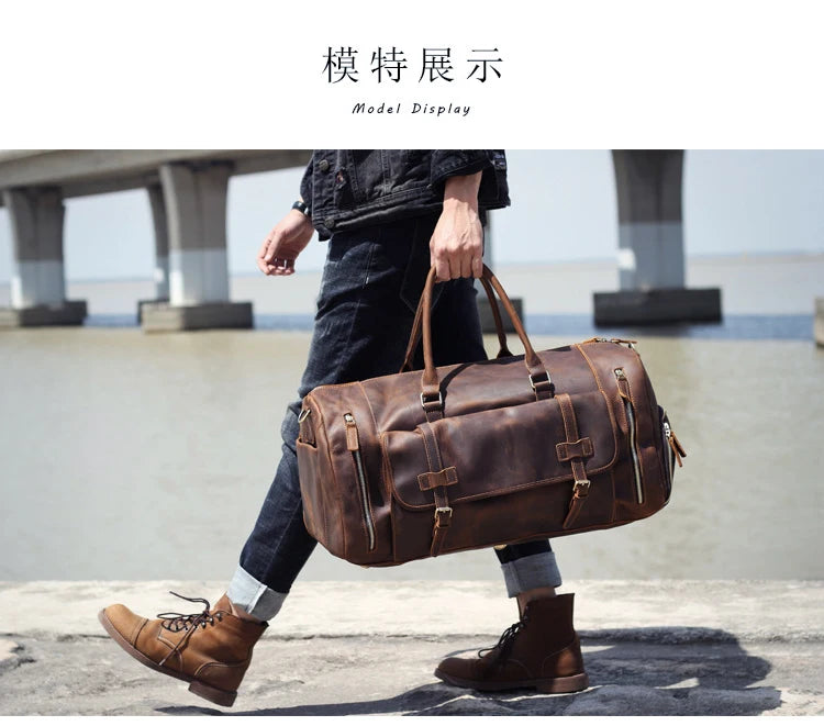 MUNUKI Vintage Crazy Horse Genuine Leather Travel bag Large Luggage