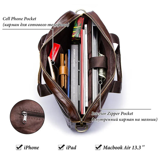 Genuine Leahther Men Briefcase Portable Office Handbag for L...