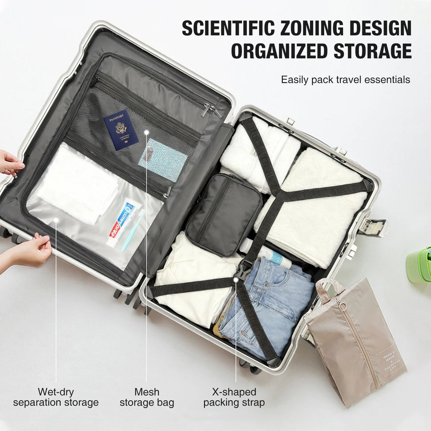 AIWEINY 2025 Aluminum Frame Suitcase PC Hard Shell Pressure-Resistant Travel Luggage, 360° Silent Sw - Gallery image 6