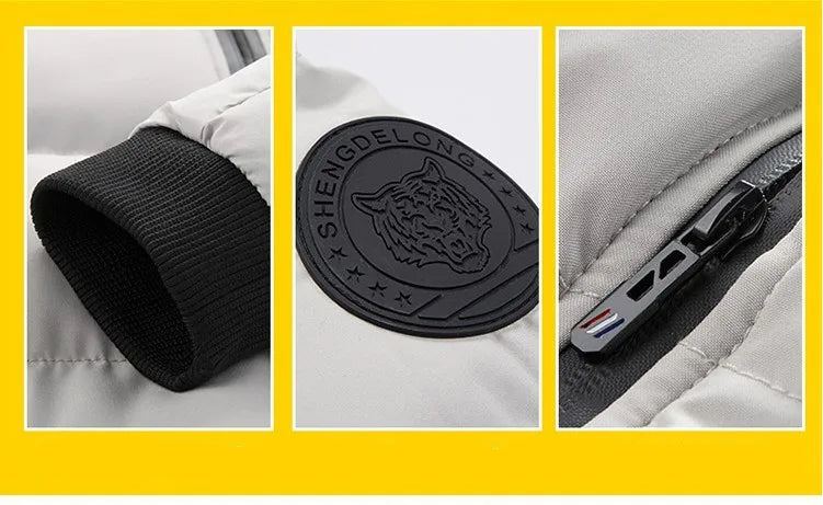 Close-up of a jacket with a brand logo, zipper, and sleeve detail on a yellow background.