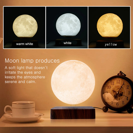 Magnetic Floating Rotating Moon Lamp with Wooden Base, 3 Color Temperature LED N - Side View