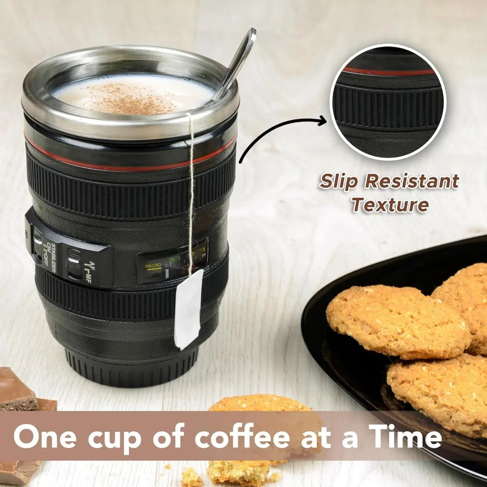 Camera Lens Coffee Mug - Stainless Steel Photographer Gift - Close-up