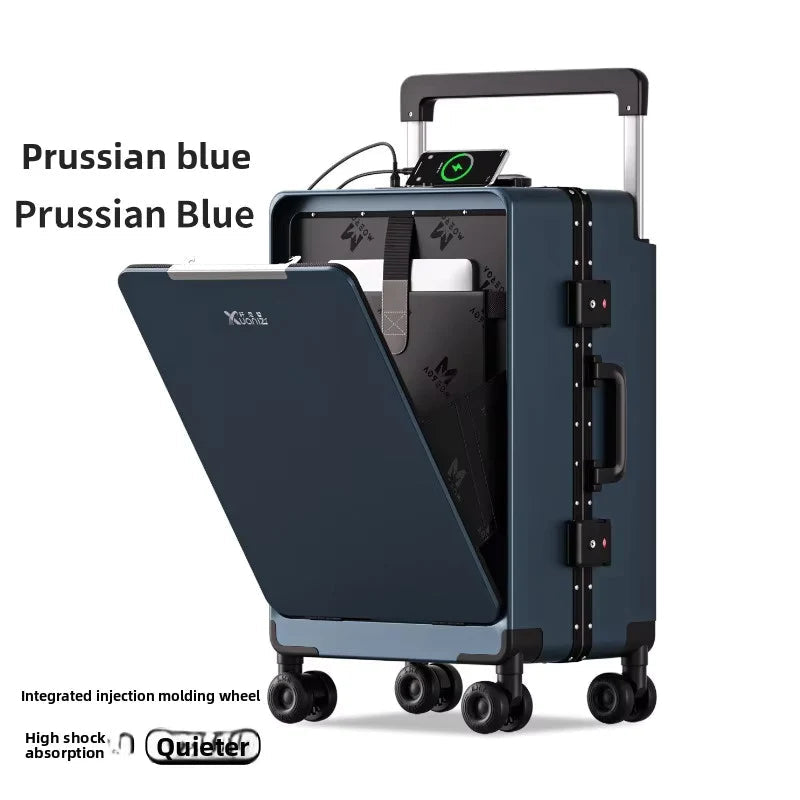 Blue suitcase with open compartment on a white background, featuring the brand 'Colenara'.