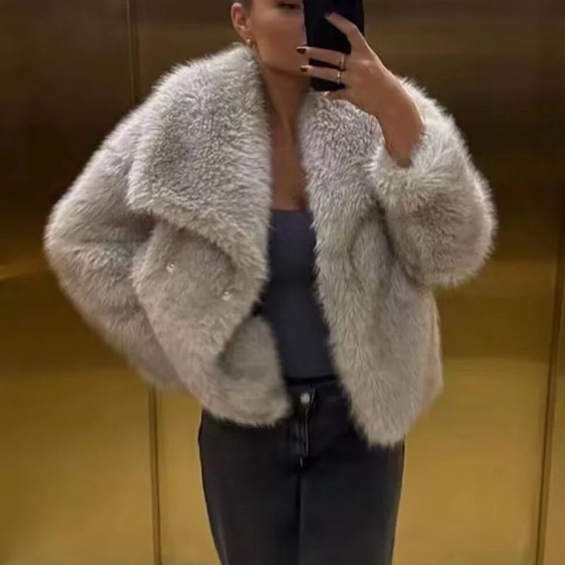 HXAO Winter Faux Fur Coat 2024 Woman New in coats Autumn Fur Plush Fluffy Jacket - Side View