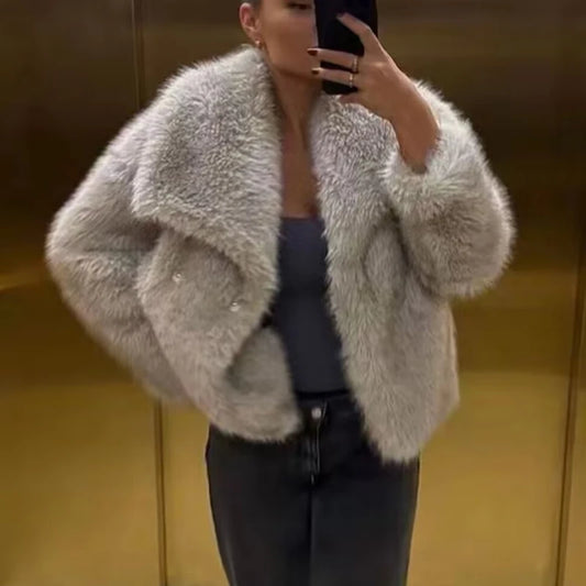 HXAO Winter Faux Fur Coat 2024 Woman New in coats Autumn Fur Plush Fluffy Jacket - Side View