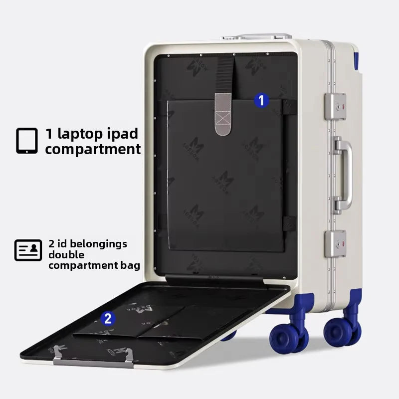 Beige suitcase with compartments labeled for laptop/ipad and belongings, featuring COLENARA branding.