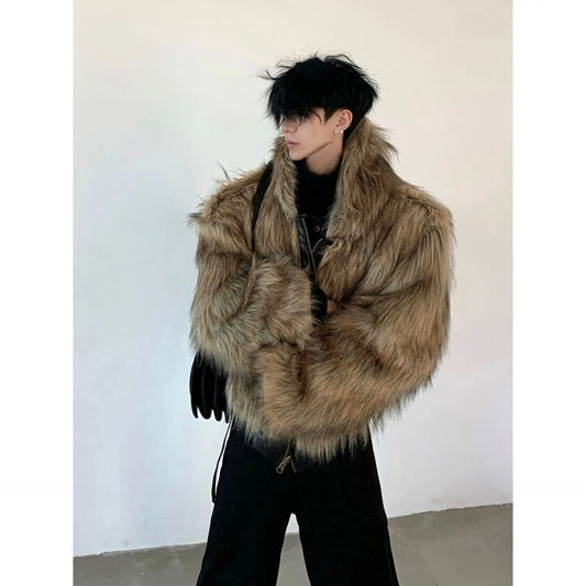 Men Faux Fur Jacket Coat Pu Leather 2025 Winter Thick Warm Outerwear Spliced Hoo - Side View
