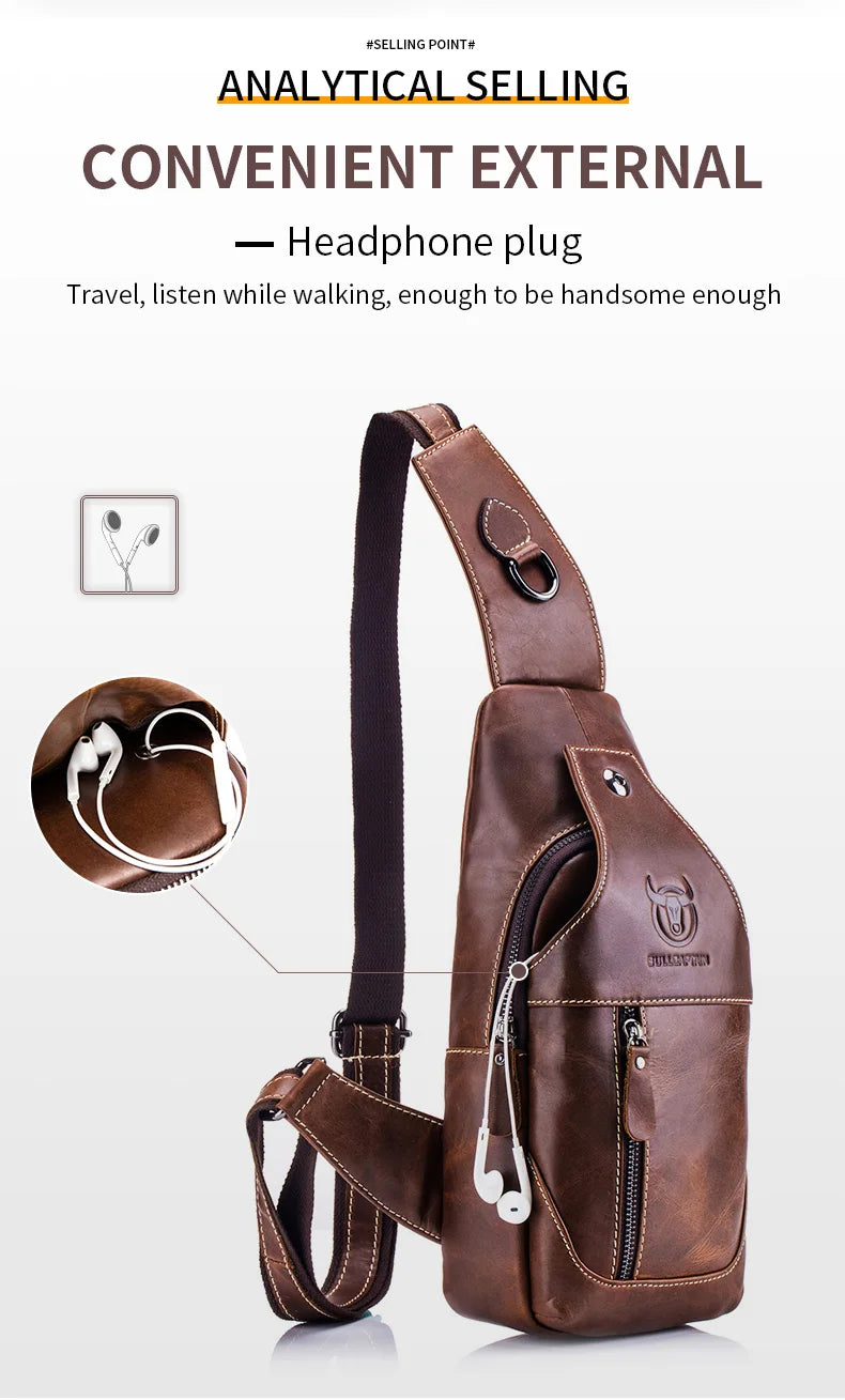 BULLCAPTAIN Genuine Leather Chest Bag Casual Triangle Crossbody