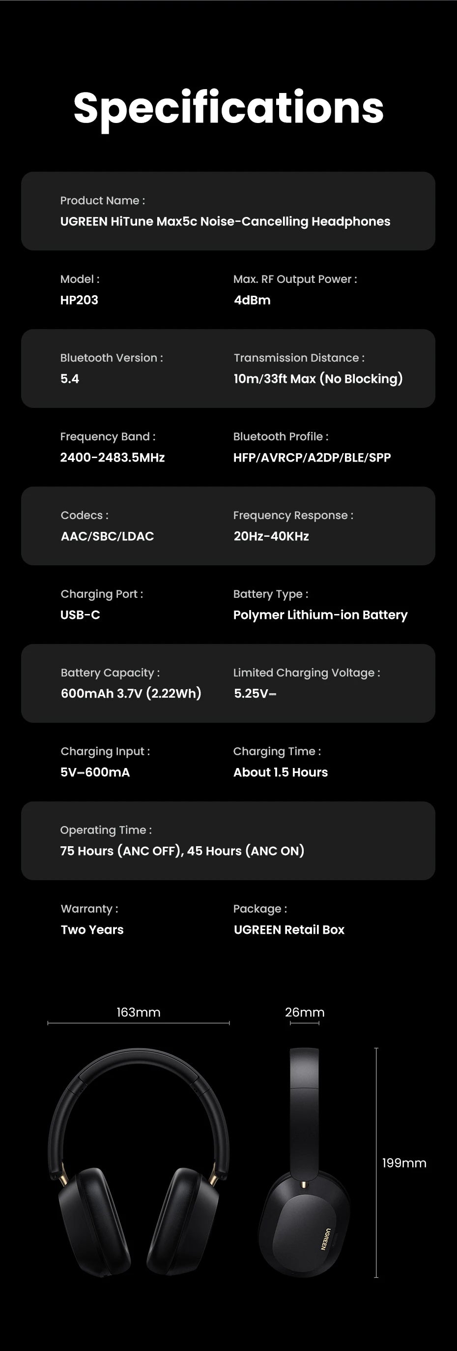 UGREEN Max5c Wireless Bluetooth Headphones ANC 43dB Active Noise