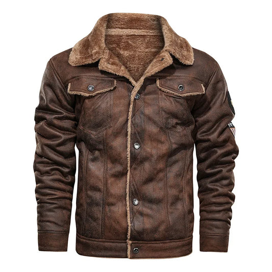 Man Leather Jacket Winter New High Street Turn Down Collar Male Bomber Outerwear Single-breasted Lon - Product details