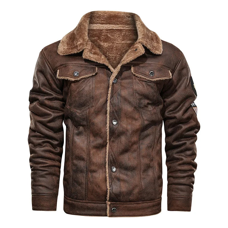 Man Leather Jacket Winter New High Street Turn Down Collar Male Bomber Outerwear Single-breasted Lon - Product details