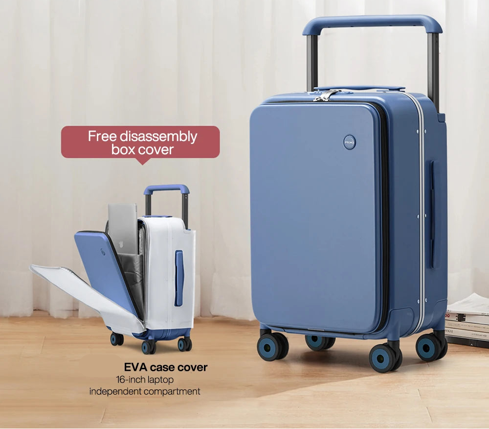 Blue suitcase with a free disassembly box cover feature on a light background