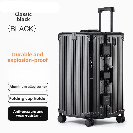 Black suitcase with features highlighted on a white background