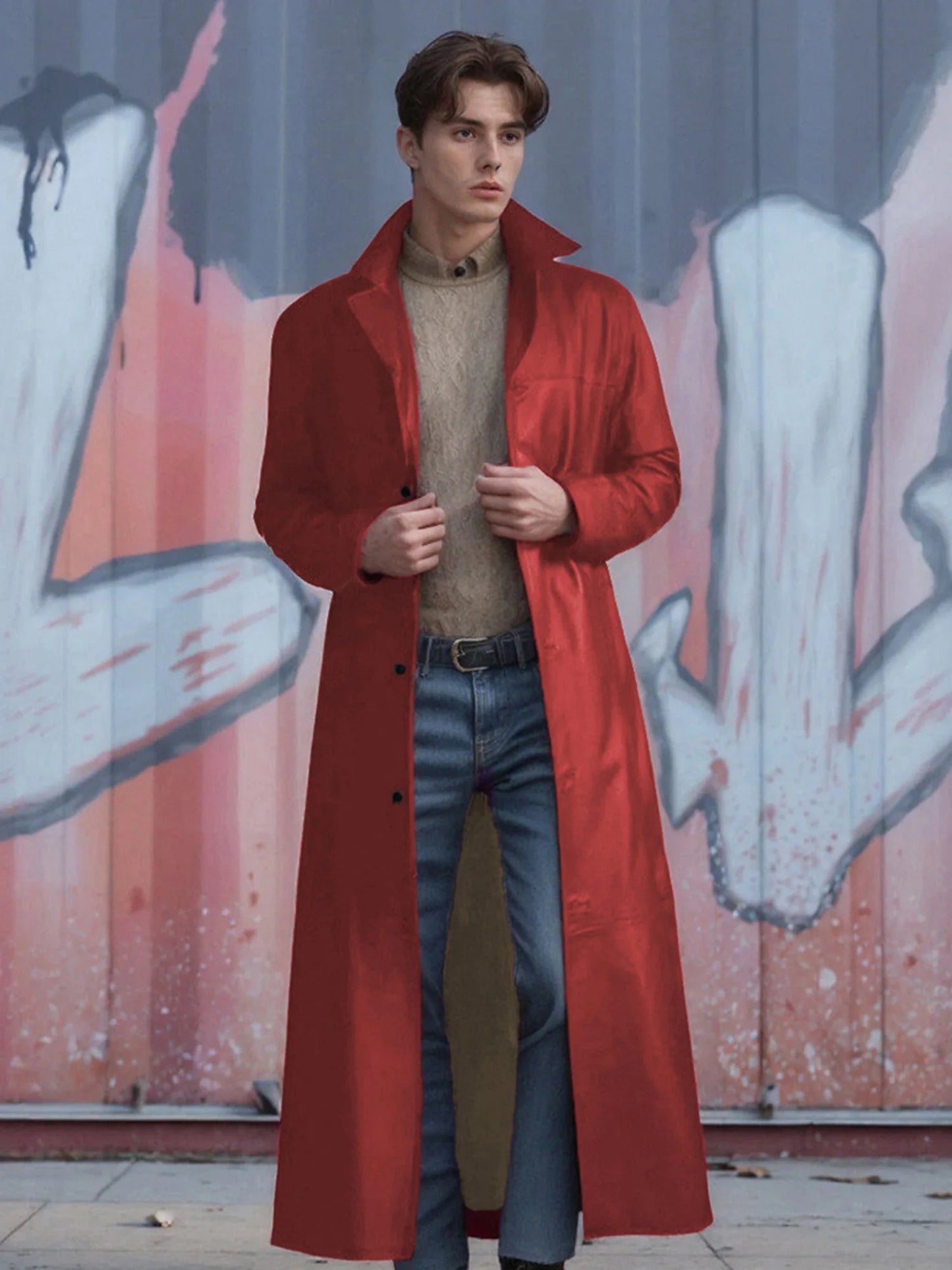 Men s Faux Leather Jacket Classic Lapel Collar Long Sleeve Button