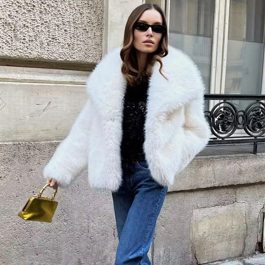HXAO White Faux Fur Coat 2024 Woman New in coats Autumn Winter Fur Plush Fluffy  - Side View