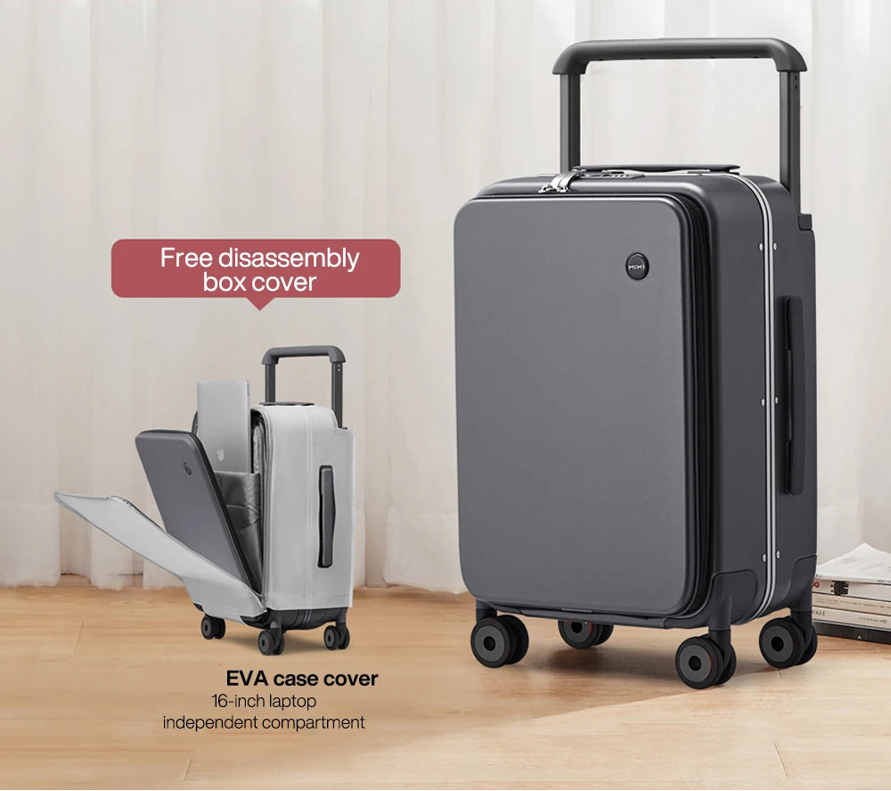 Gray suitcase with disassembly box cover on a light wooden floor and white curtain background, featuring the MIXI brand.