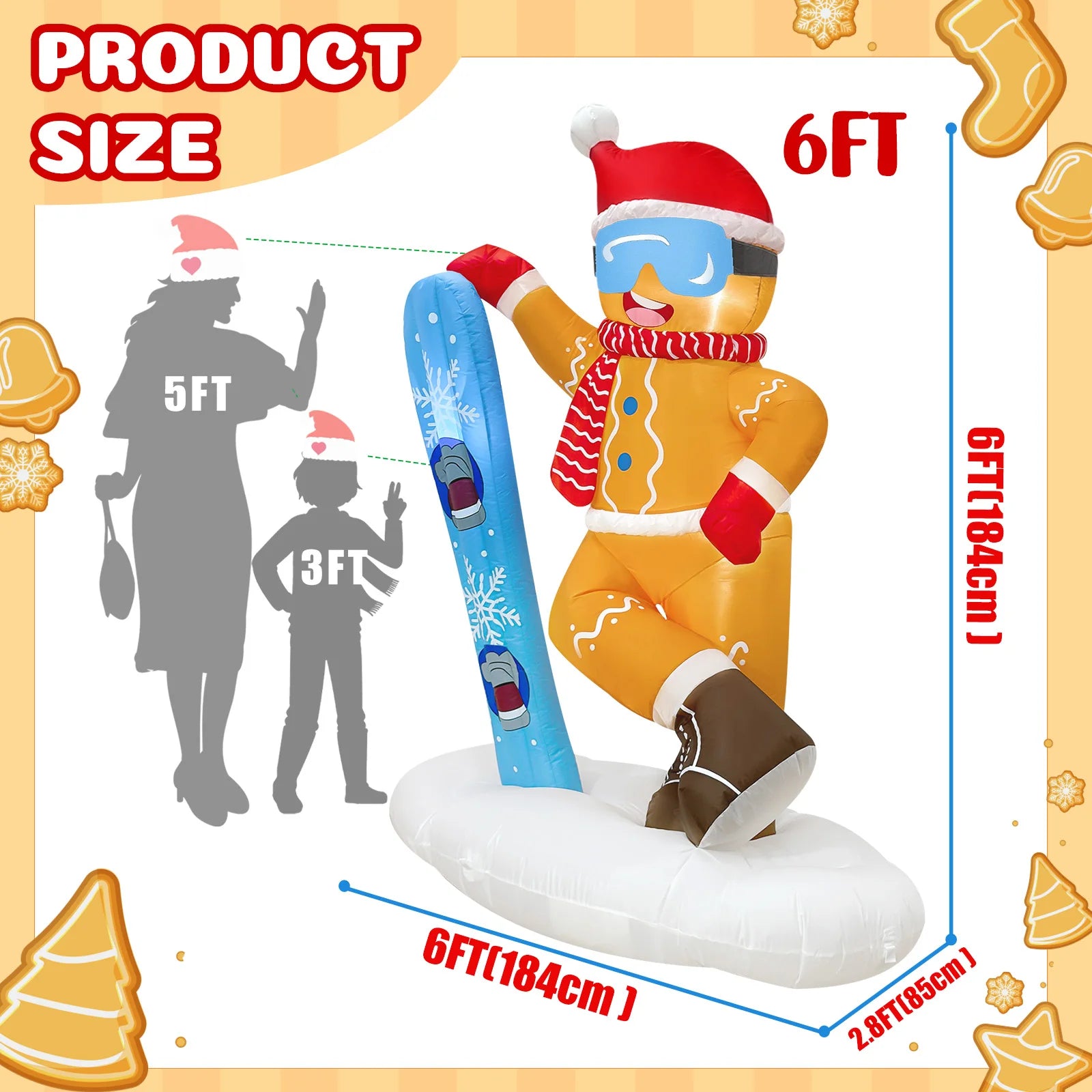 OurWarm 6FT Christmas Inflatable Outdoor Decoration, Cute Skiing Gingerbread Man - Detail View