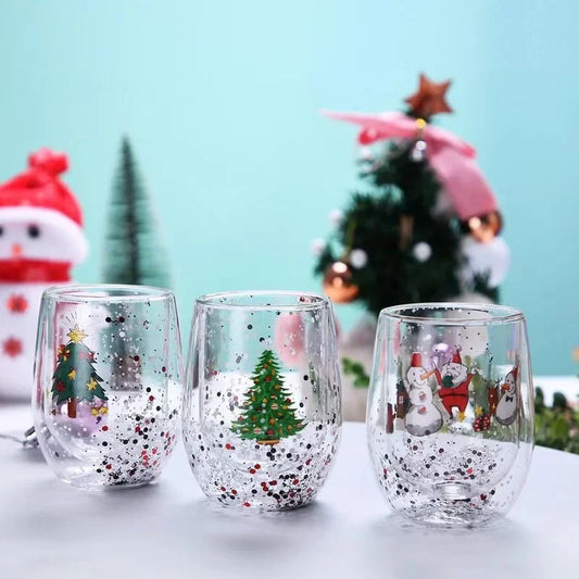 Christmas Double Wall Glass Cup Heat-resistant Water Cup Christmas Tre - Front View