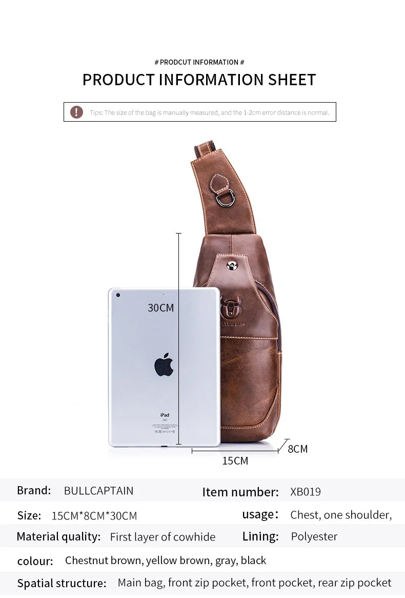 BULLCAPTAIN Genuine Leather Chest Bag Casual Triangle Crossbody