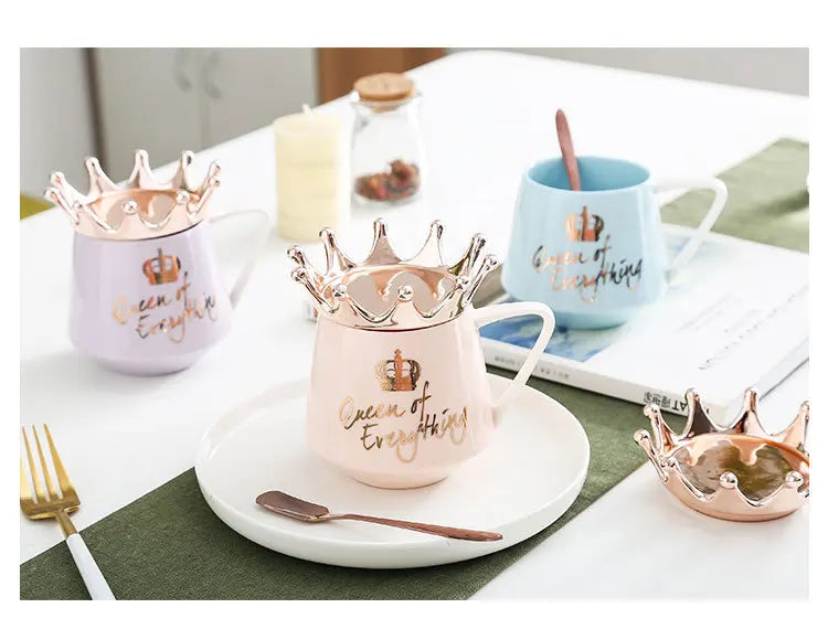 400ml Crown Ceramic Coffee Cup Fine Couple Mug with Lid Simple