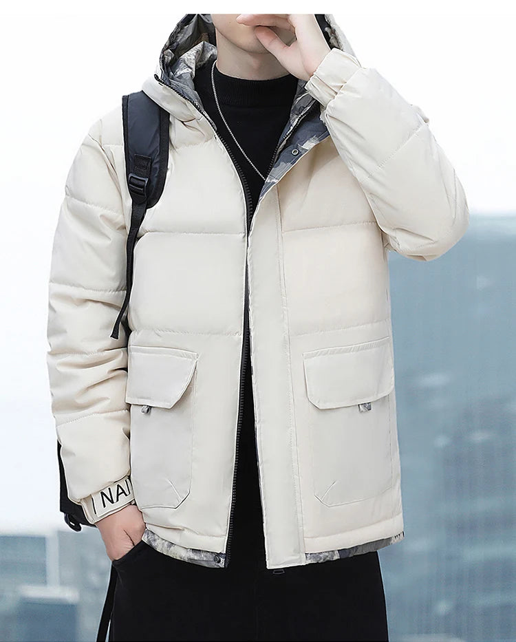 Person wearing a beige winter jacket with a blurred cityscape background