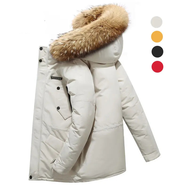 White winter coat with fur hood on a white background