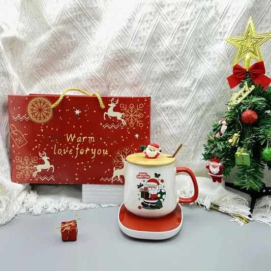 2025 Christmas Gift Set: Warm 55℃ Ceramic Mug with Lid featuring Santa - Front View