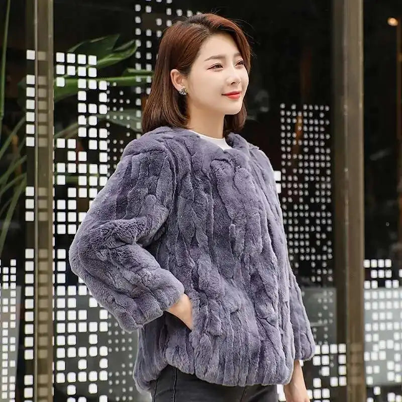 Real Rabbit Fur Coat Women Winter Jacket Short Loose Size Thick Warm Fluffy Coat - Side View