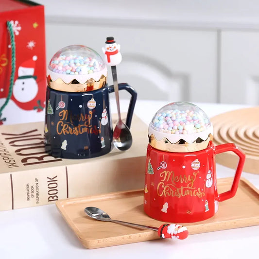 Christmas Mugs with lid and Santa Claus spoon Creative Planet Ceramic  - Front View