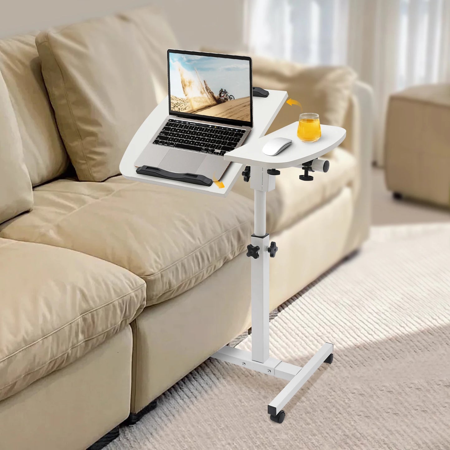 Height Adjustable White Computer Desk Stand with Wheels Adjustable Rolling Laptop Table Suitable for Bedroom, Living Room,...