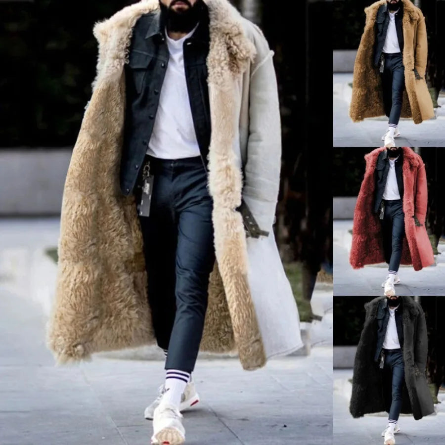Men's Autumn Winter Thick Warm Coat Faux Fur Jacket Solid Color Long Sleeve Butt - Main View