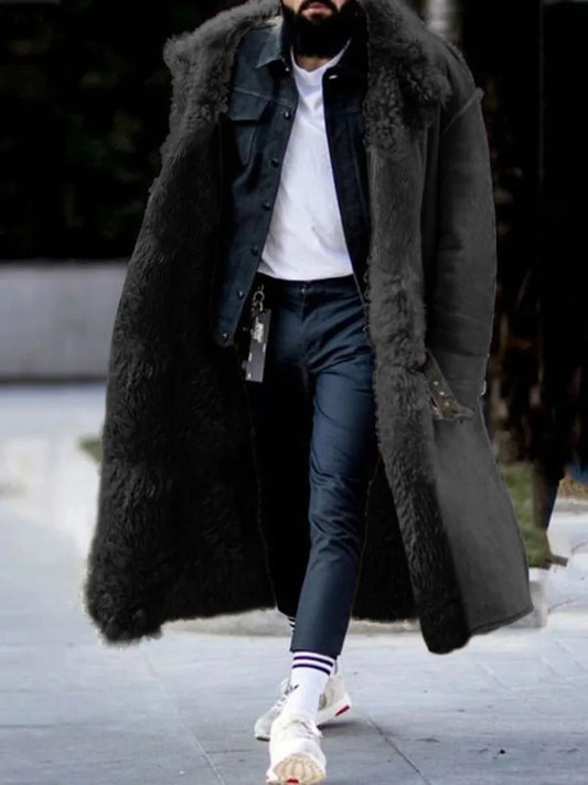 Men's Autumn Winter Thick Warm Coat Faux Fur Jacket Solid Color Long Sleeve Butt - Side View