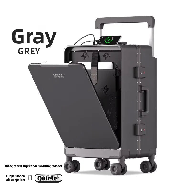 Gray rolling suitcase with brand name on a white background