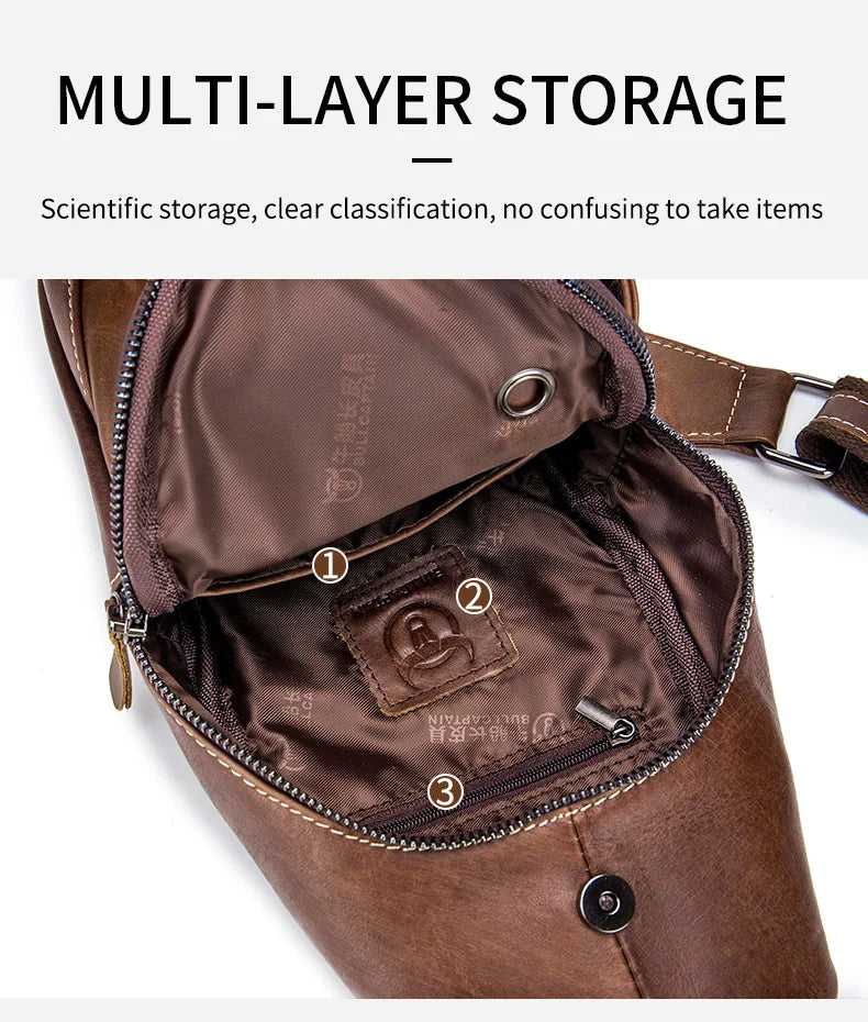 BULLCAPTAIN Genuine Leather Chest Bag Casual Triangle Crossbody