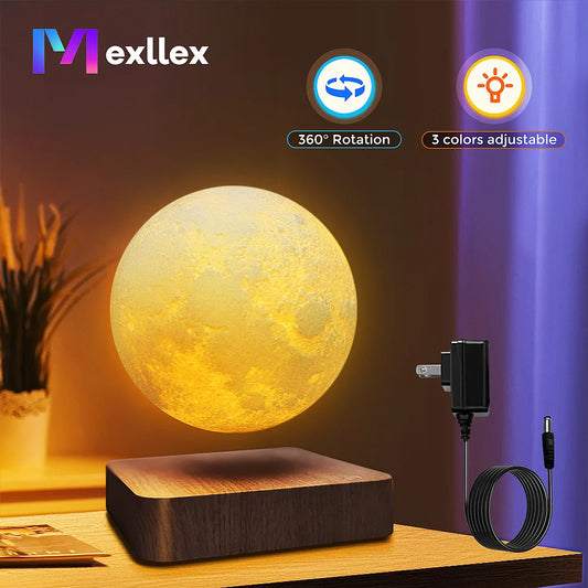 Magnetic Floating Rotating Moon Lamp with Wooden Base, 3 Color Temperature LED N - Main View