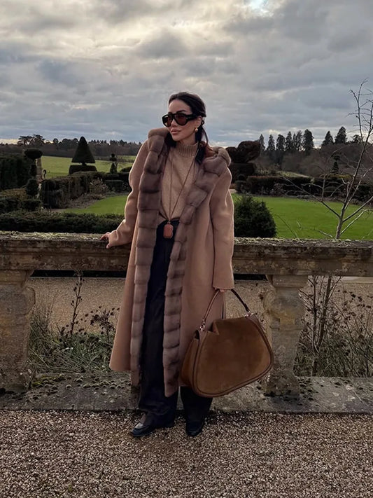 2025 New Fashion Winter Fur Collar Cashmere Wool Jacket Women Belted O - Main View